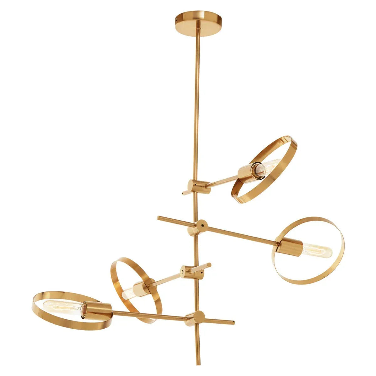Modern gold ceiling light fixture with three adjustable ring arms and exposed bulbs