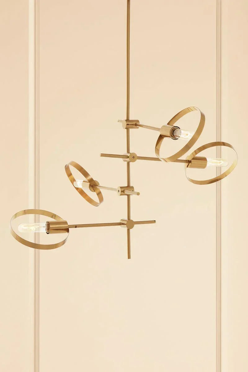 Modern gold metal chandelier with circular frames and exposed bulbs