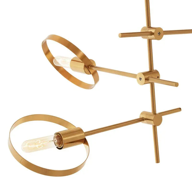 Gold metal modern chandelier with circular frames and exposed filament bulbs