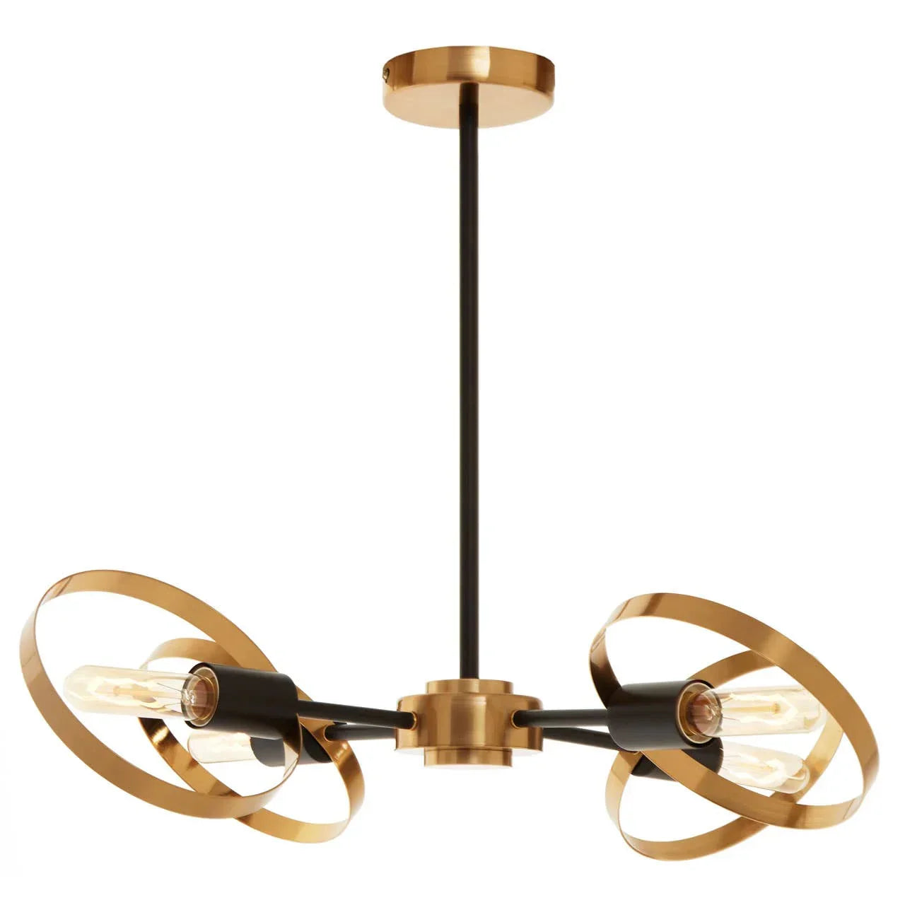 Gold metal ceiling light fixture with exposed bulbs and circular accent rings