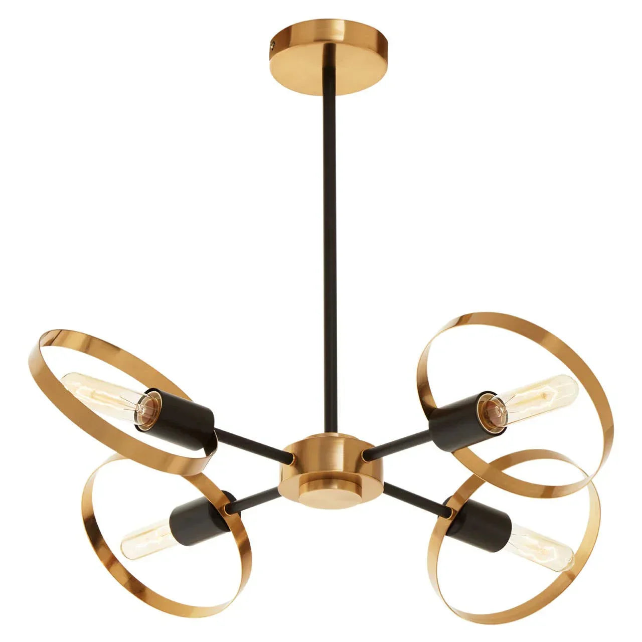 Modern ceiling light with gold rings and exposed bulbs on a black frame