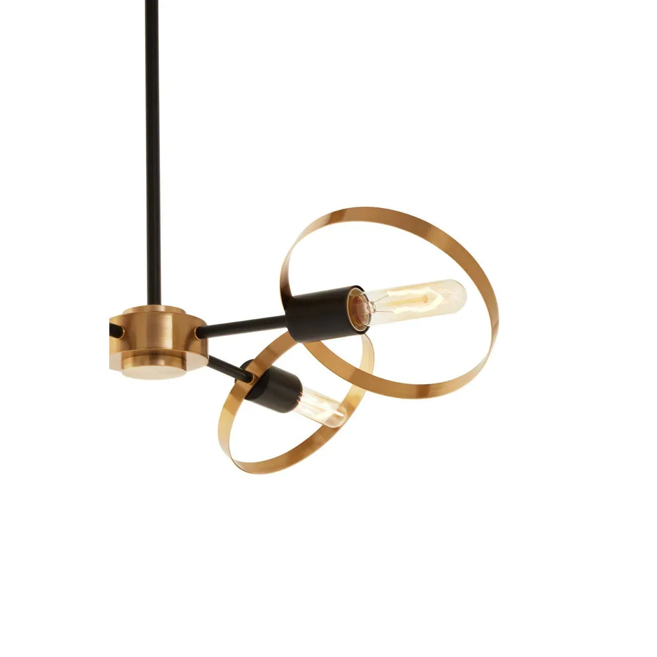 Modern gold ring pendant light with two exposed bulbs and black accents