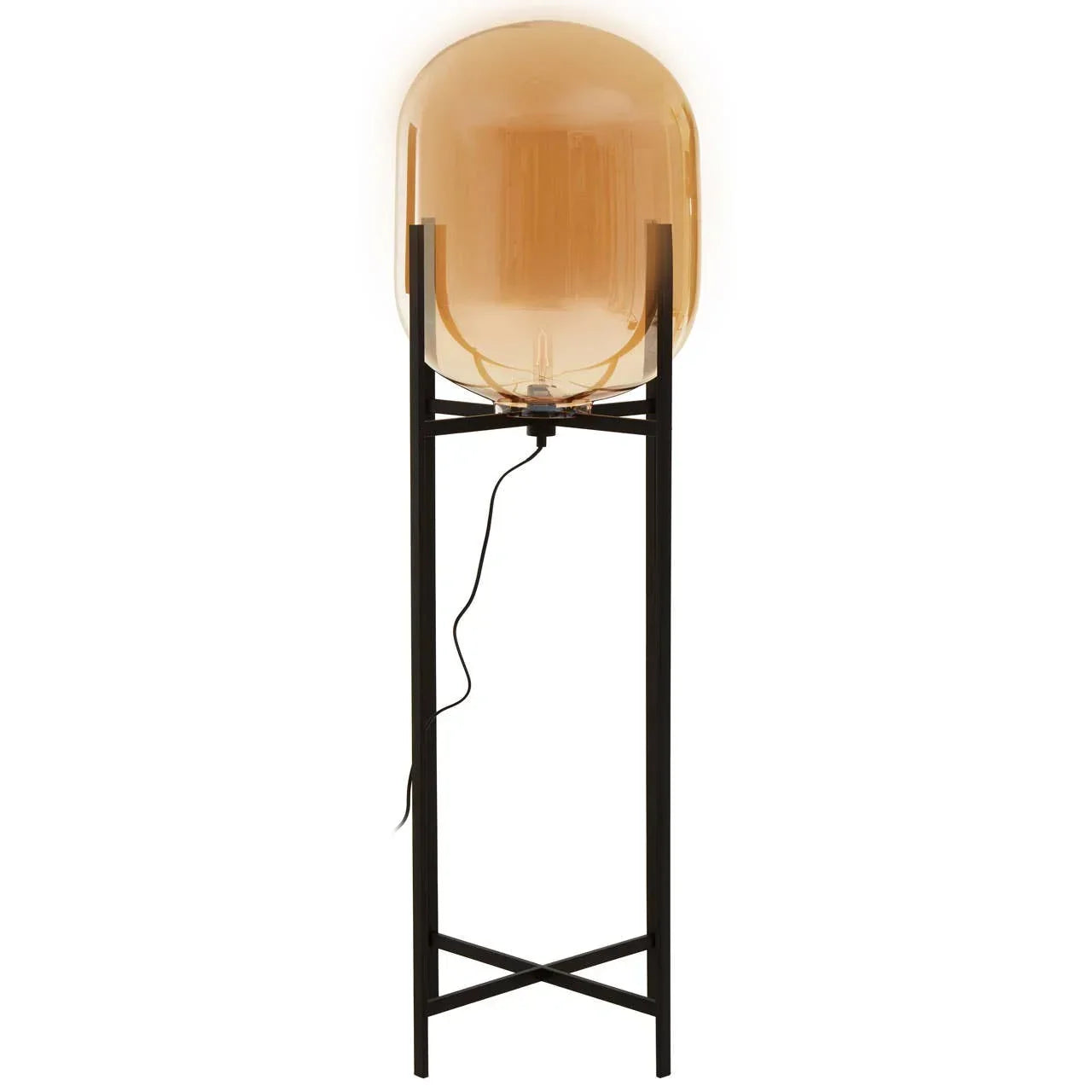 Amber glass floor lamp with black metal stand and visible cord