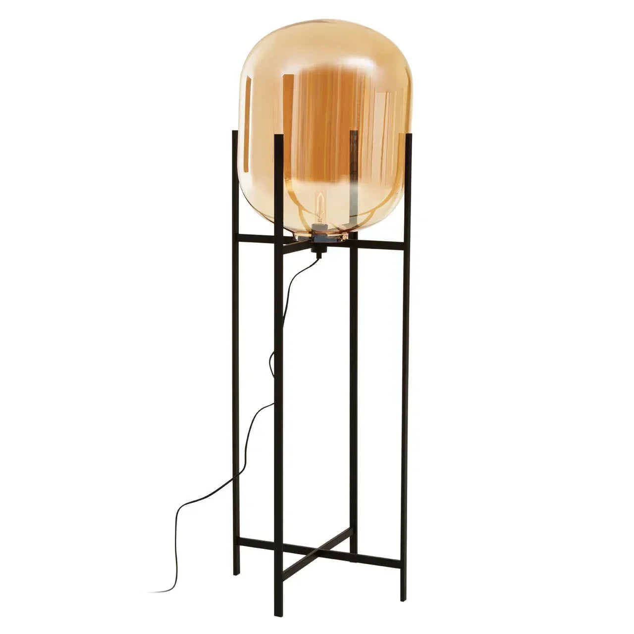 Amber glass floor lamp with black metal frame and exposed cord