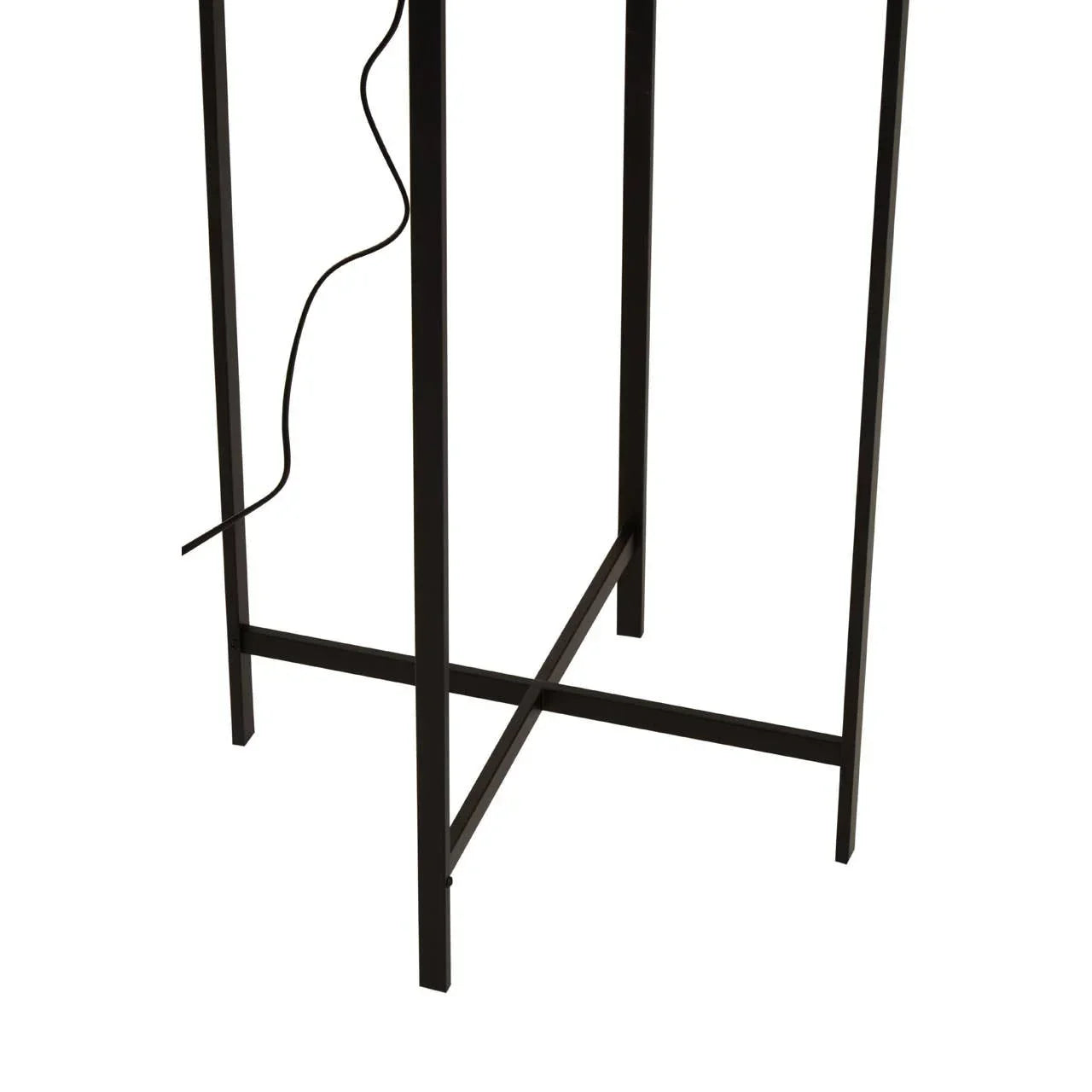 Black metal lamp stand legs with cord and crossbar support detail