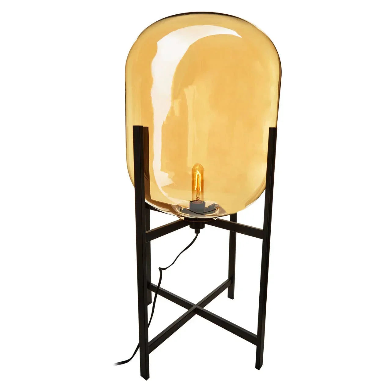 Amber glass floor lamp with black metal frame and exposed bulb on white background
