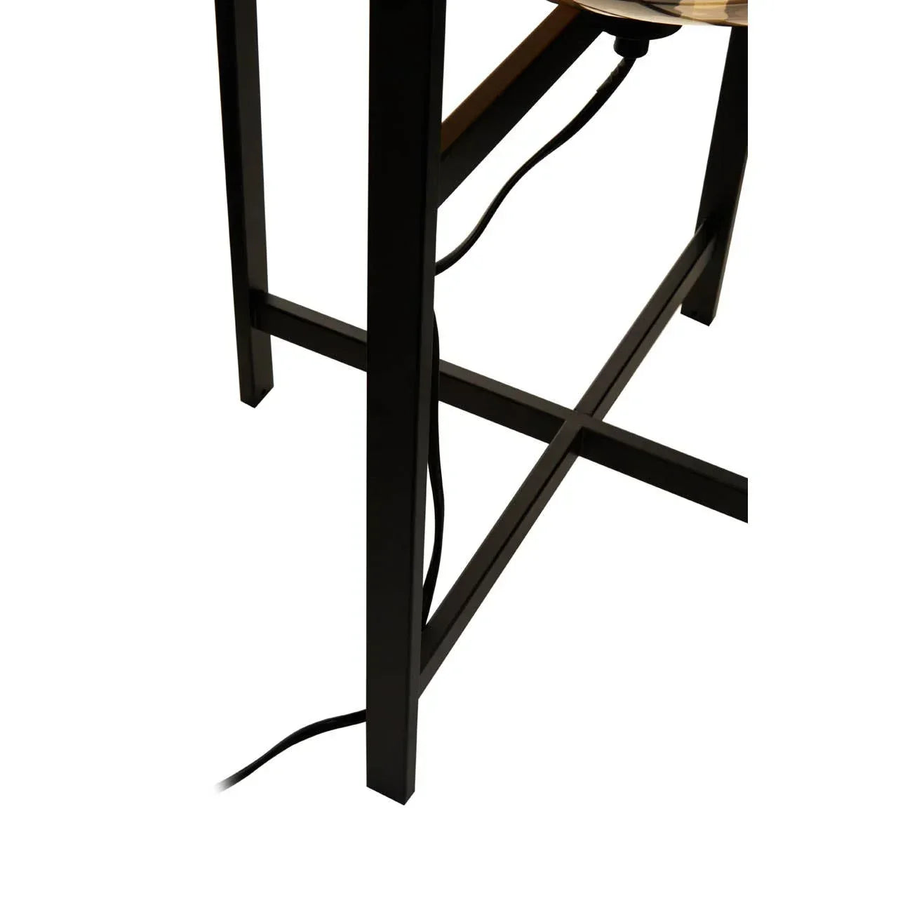 Black metal table legs with support bars and visible electrical cord