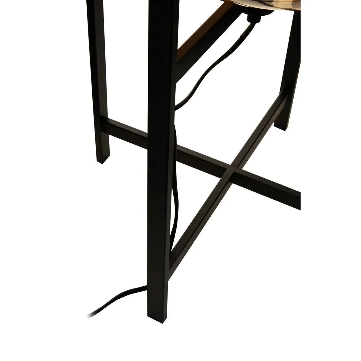 Black metal table legs with support bars and visible electrical cord
