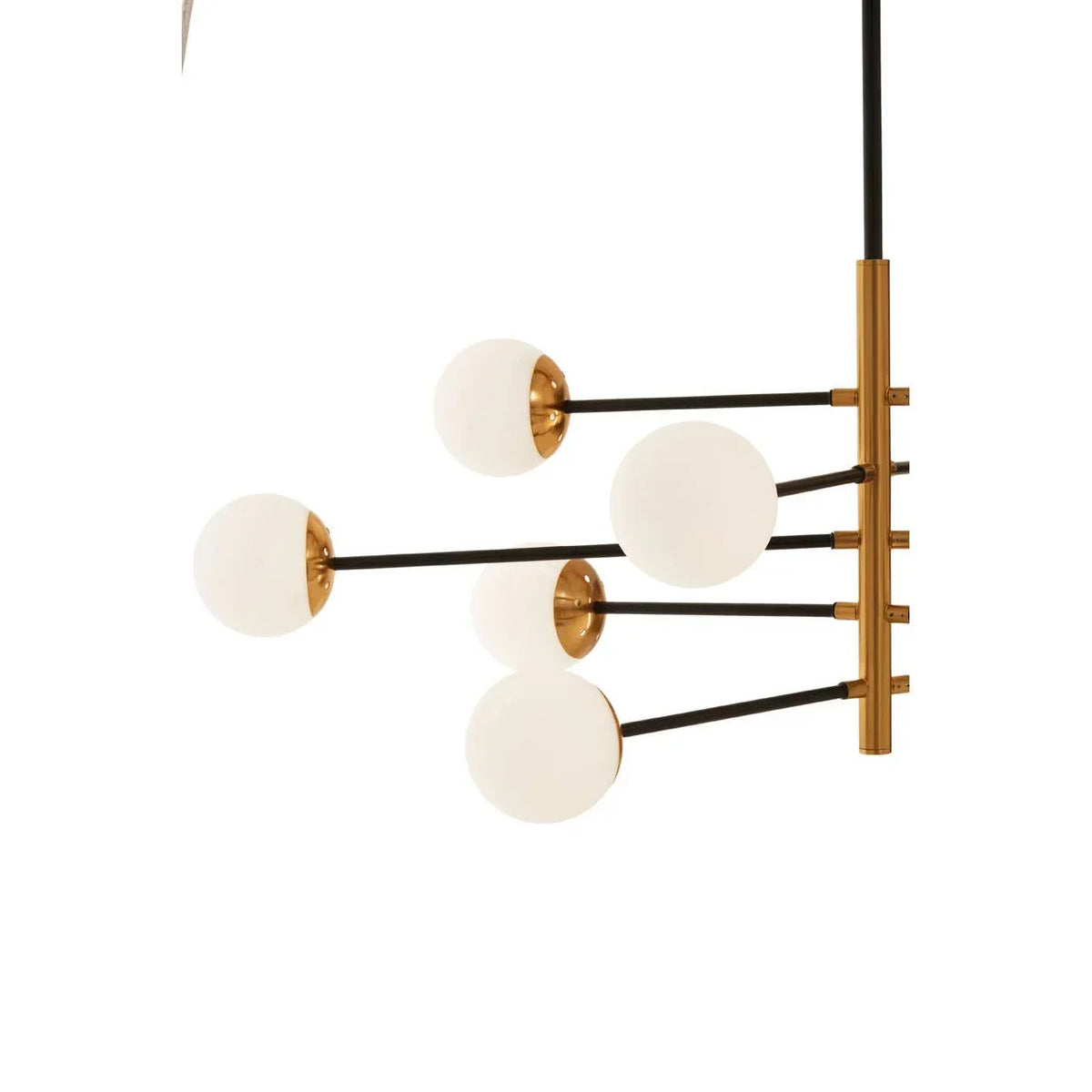 Modern ceiling light with five white glass globes and gold metal frame
