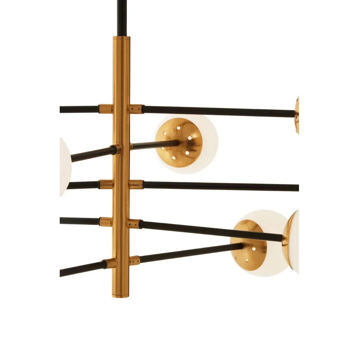 Modern gold and black chandelier with frosted glass globe lights, side view