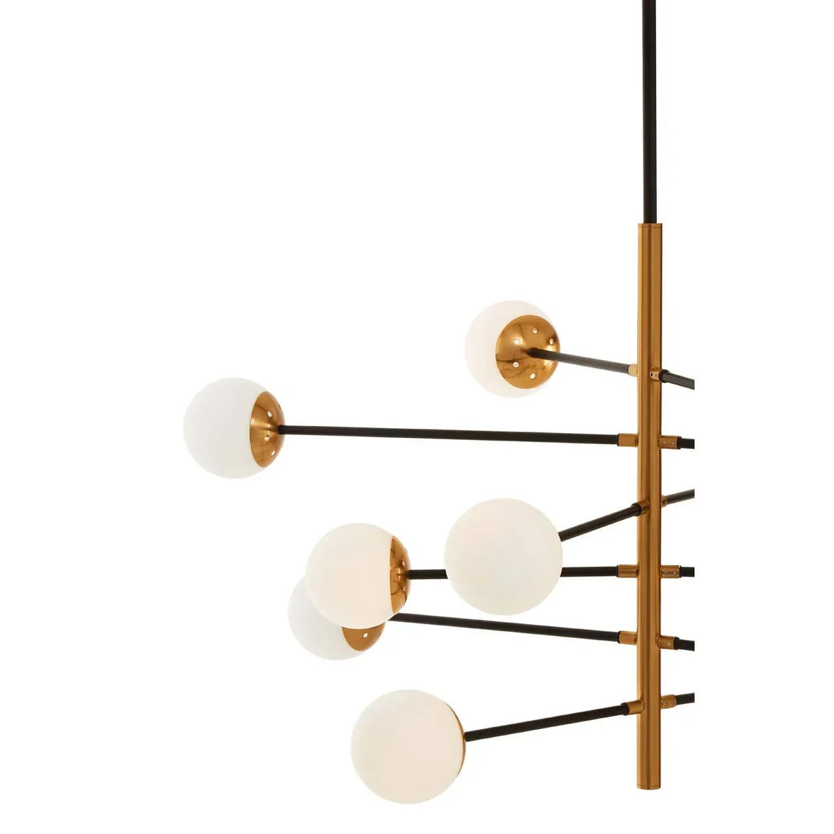 Modern gold chandelier with six white glass globe lights and black metal accents