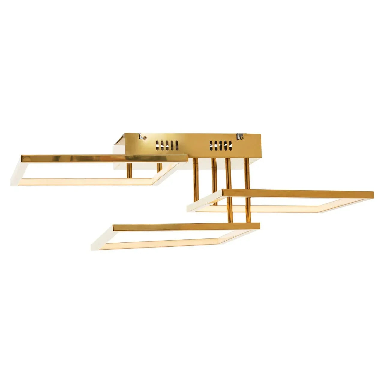 Modern gold ceiling light with four rectangular LED frames and polished finish