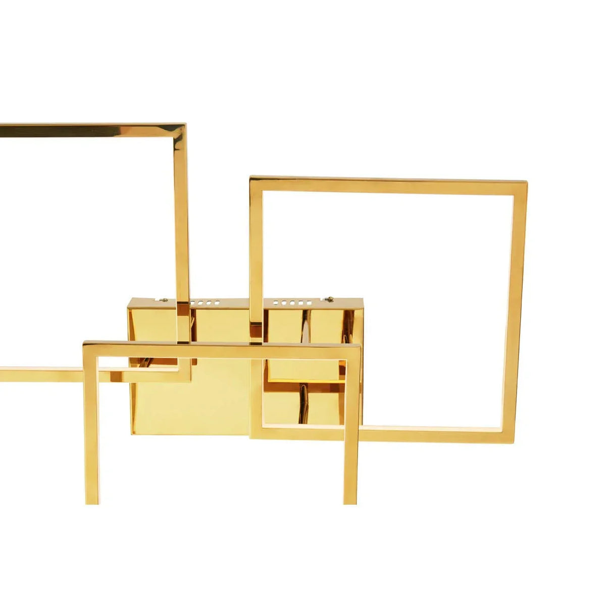 gold metal geometric wall art with overlapping square frames and a glossy finish