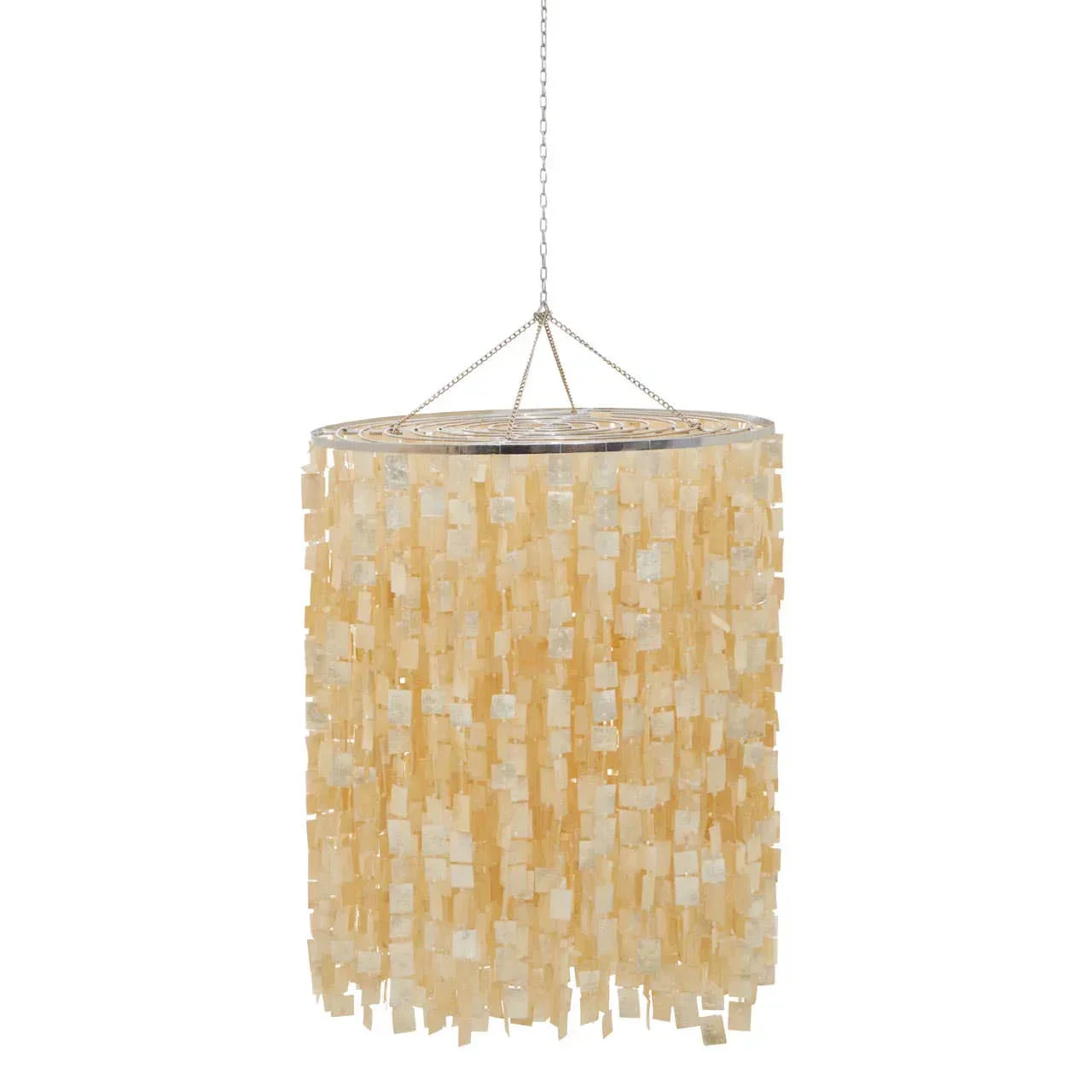 Beige shell pendant light with layered capiz shell pieces hanging from chrome frame