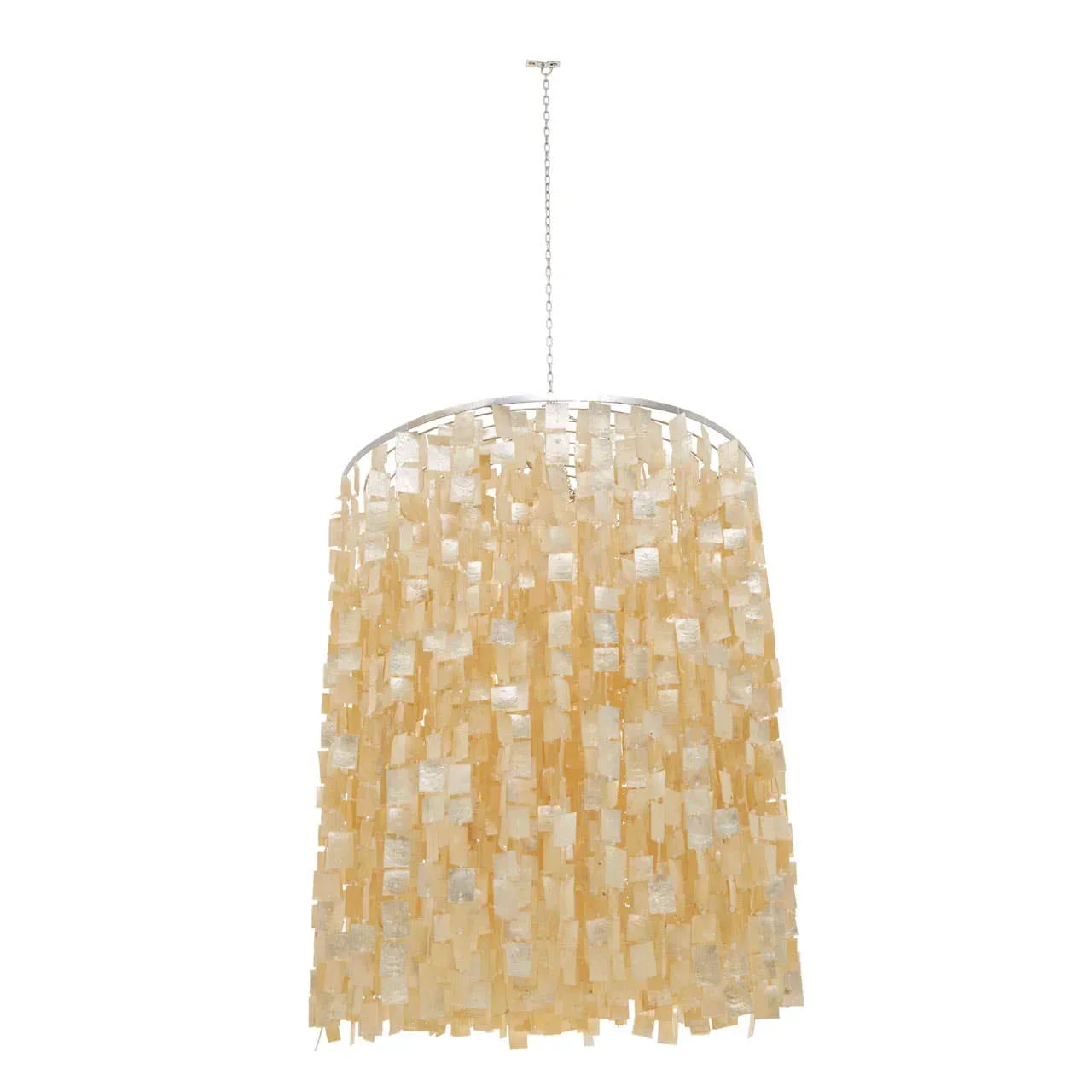 Cream capiz shell chandelier with tiered rectangular pieces hanging from silver frame