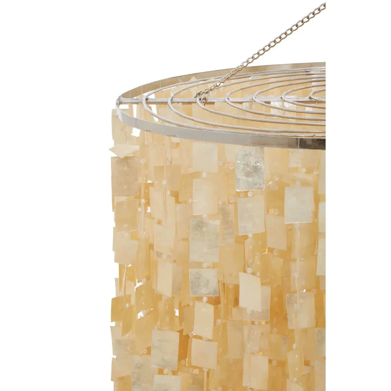 Capiz shell chandelier with rectangular cream tiles on silver frame and chain