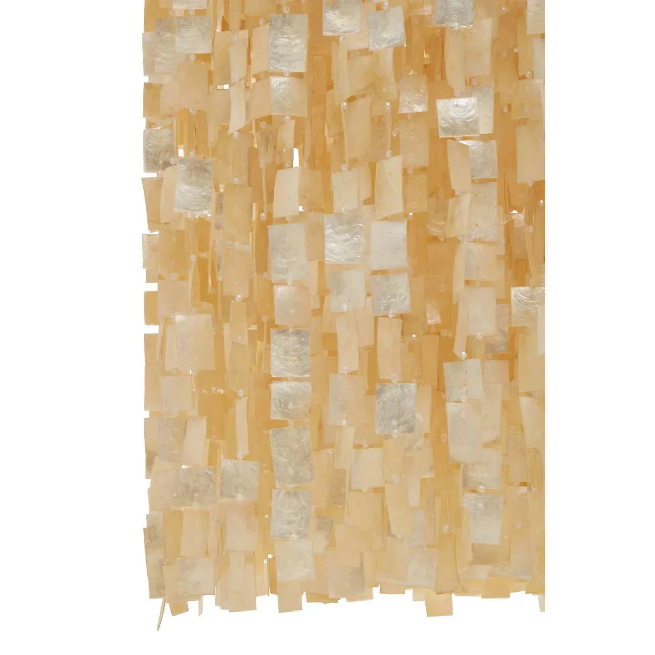 Hanging capiz shell chandelier panels with square beige and translucent shell pieces