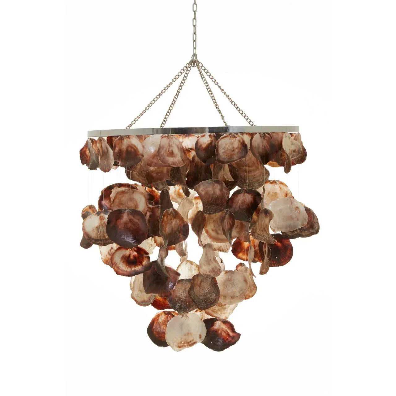 Brown and cream capiz shell chandelier with chrome frame and hanging chain