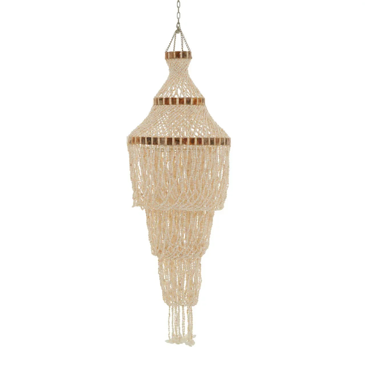 Natural beaded chandelier with tiered design and hanging chain for ceiling lighting
