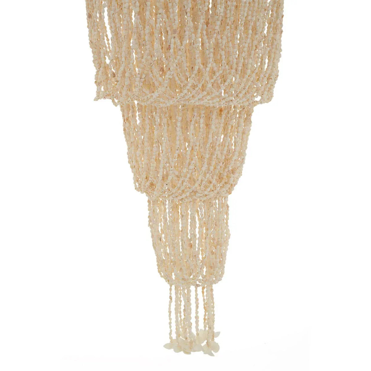 Close-up of cream beaded chandelier with layered hanging shell strands