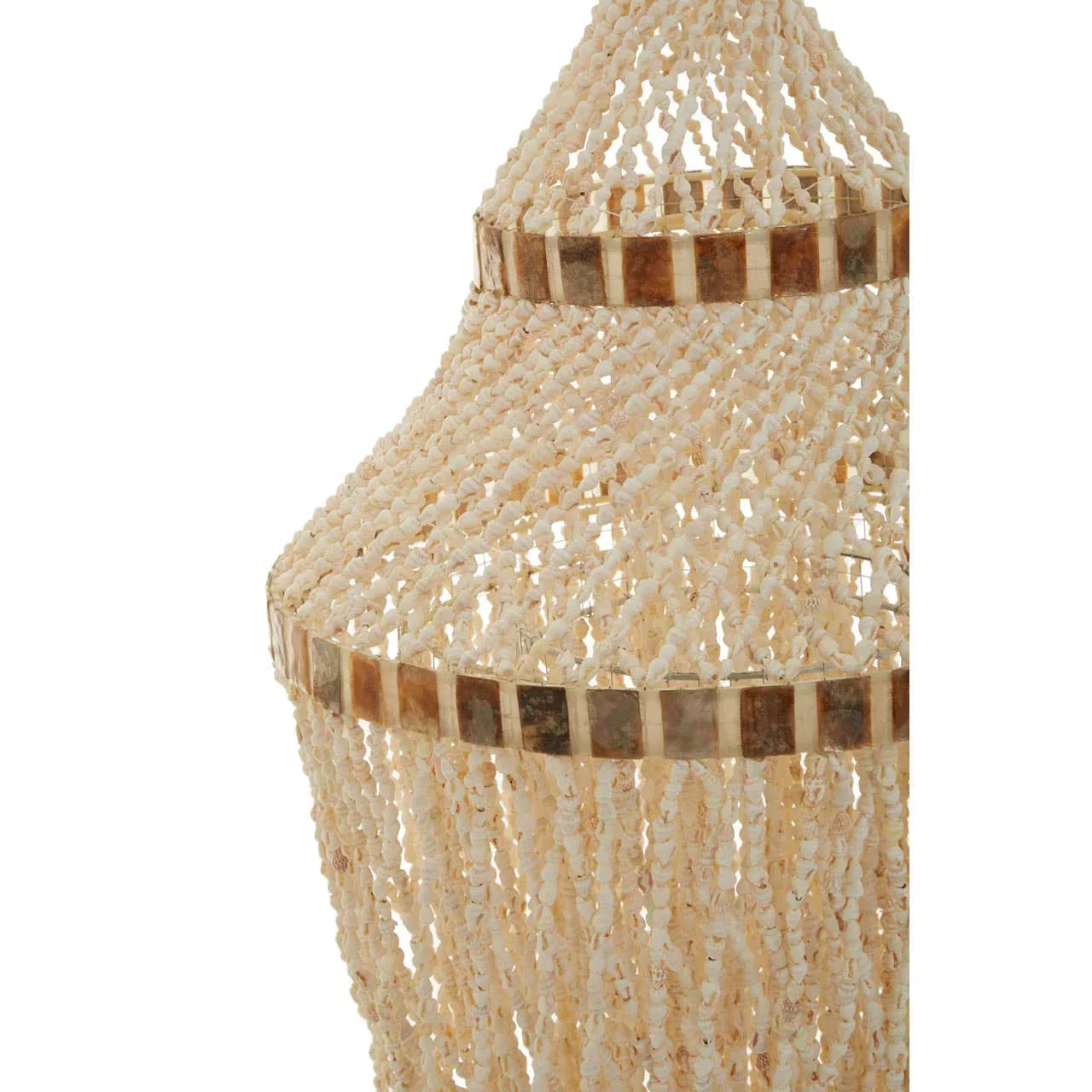 Close-up of shell chandelier with layered beaded strands and natural shell mosaic bands