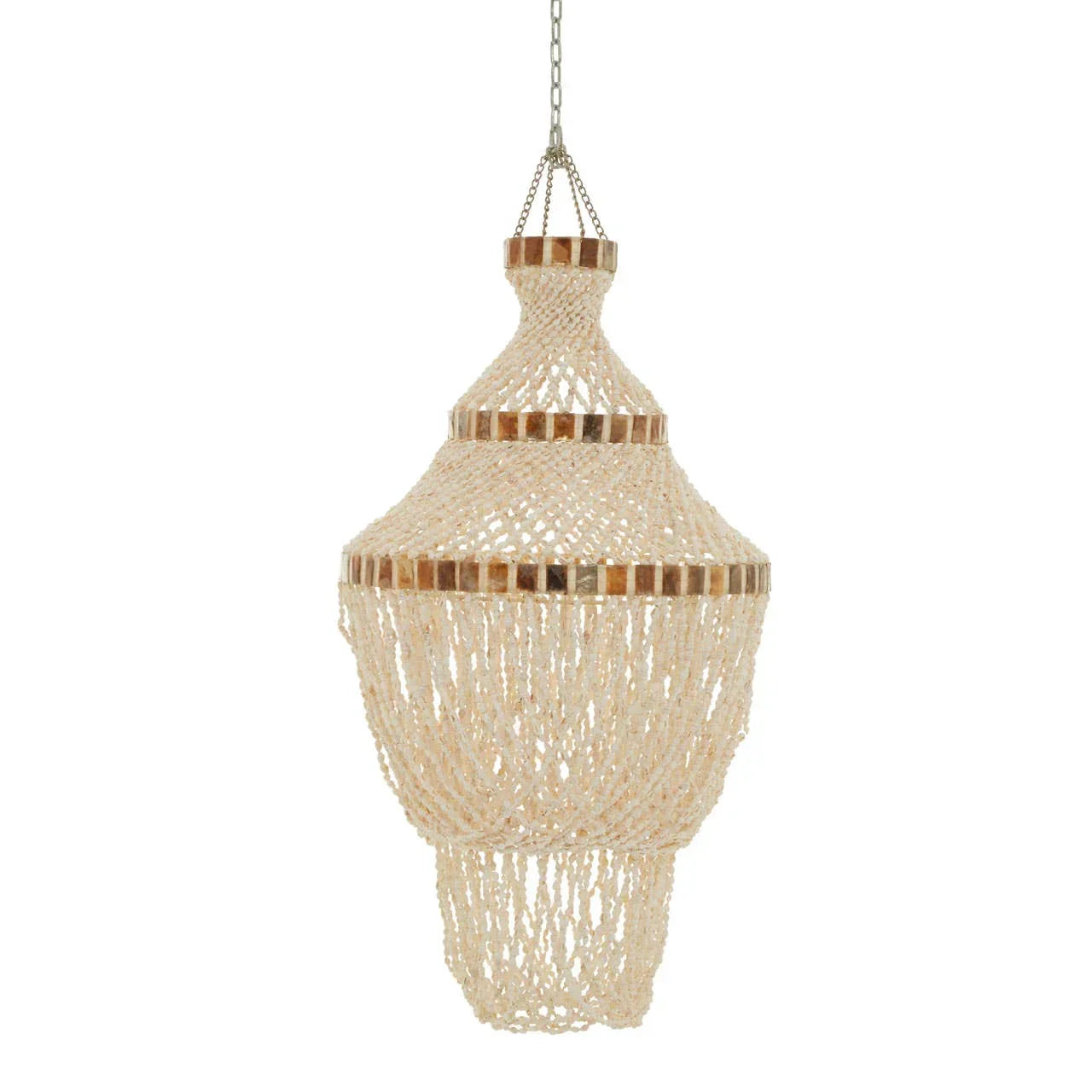 Beaded chandelier light fitting in natural tones with tiered design and hanging chain