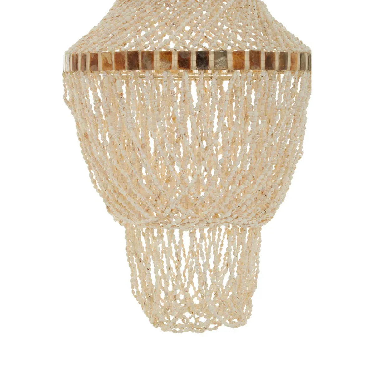 Beaded chandelier shade with cream beads and brown accent band, close-up view