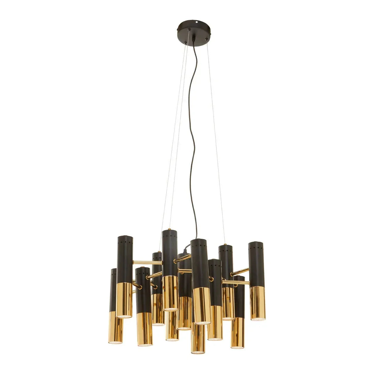 Modern ceiling light with black and gold cylindrical pendants hanging from round mount
