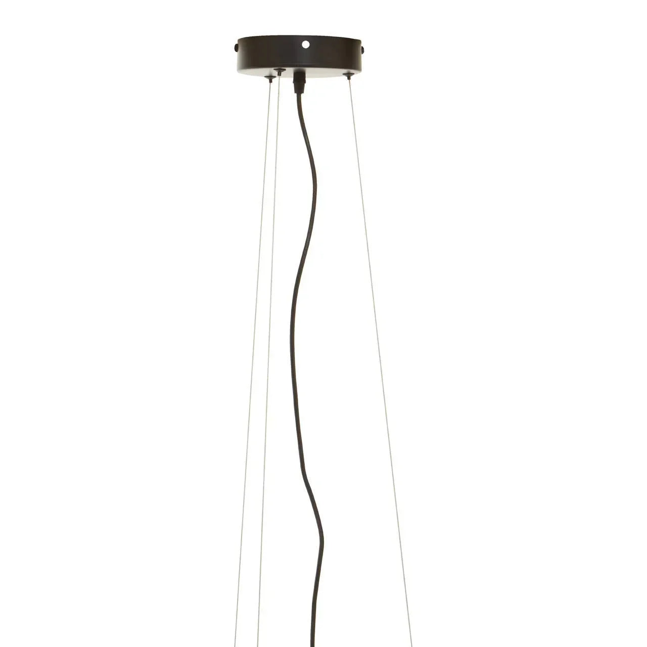 Black pendant light ceiling fitting with exposed cable and three suspension wires