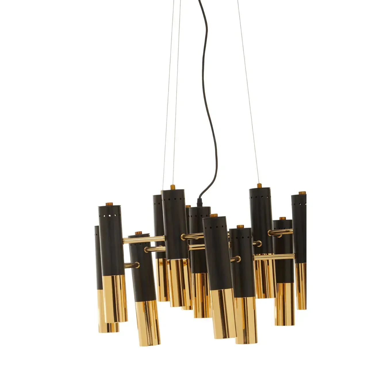 Modern gold and black metal pendant chandelier with cylindrical light fixtures