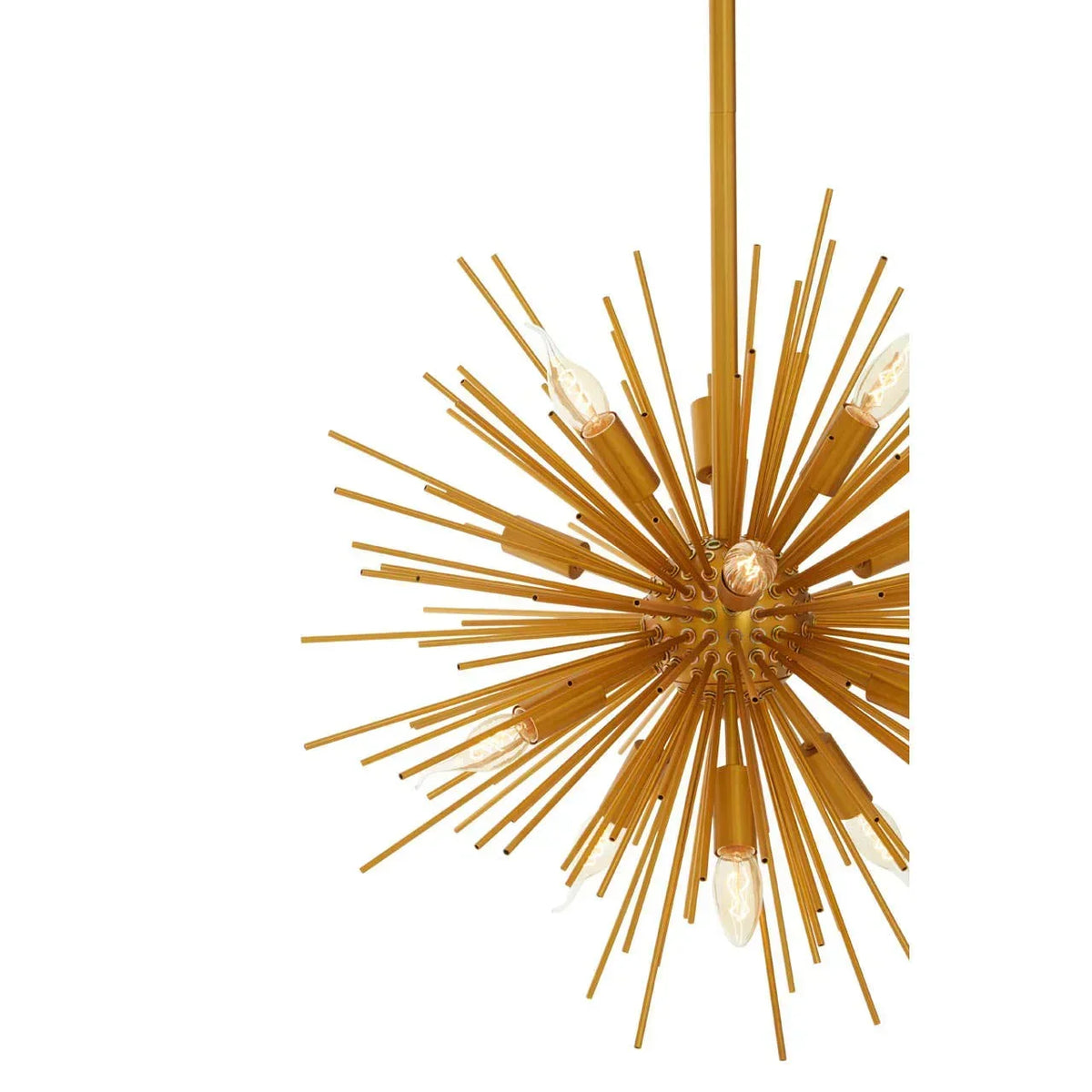 Gold metal sputnik chandelier with exposed bulbs and spiked rods hanging from ceiling