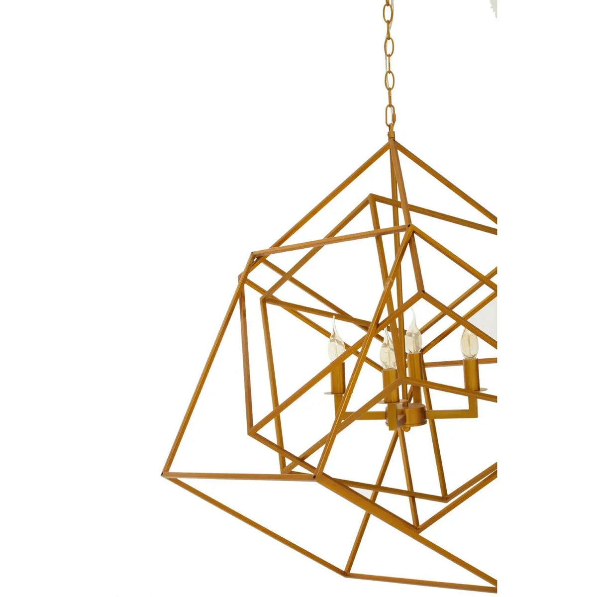 Geometric gold metal pendant light with exposed bulbs and contemporary frame design