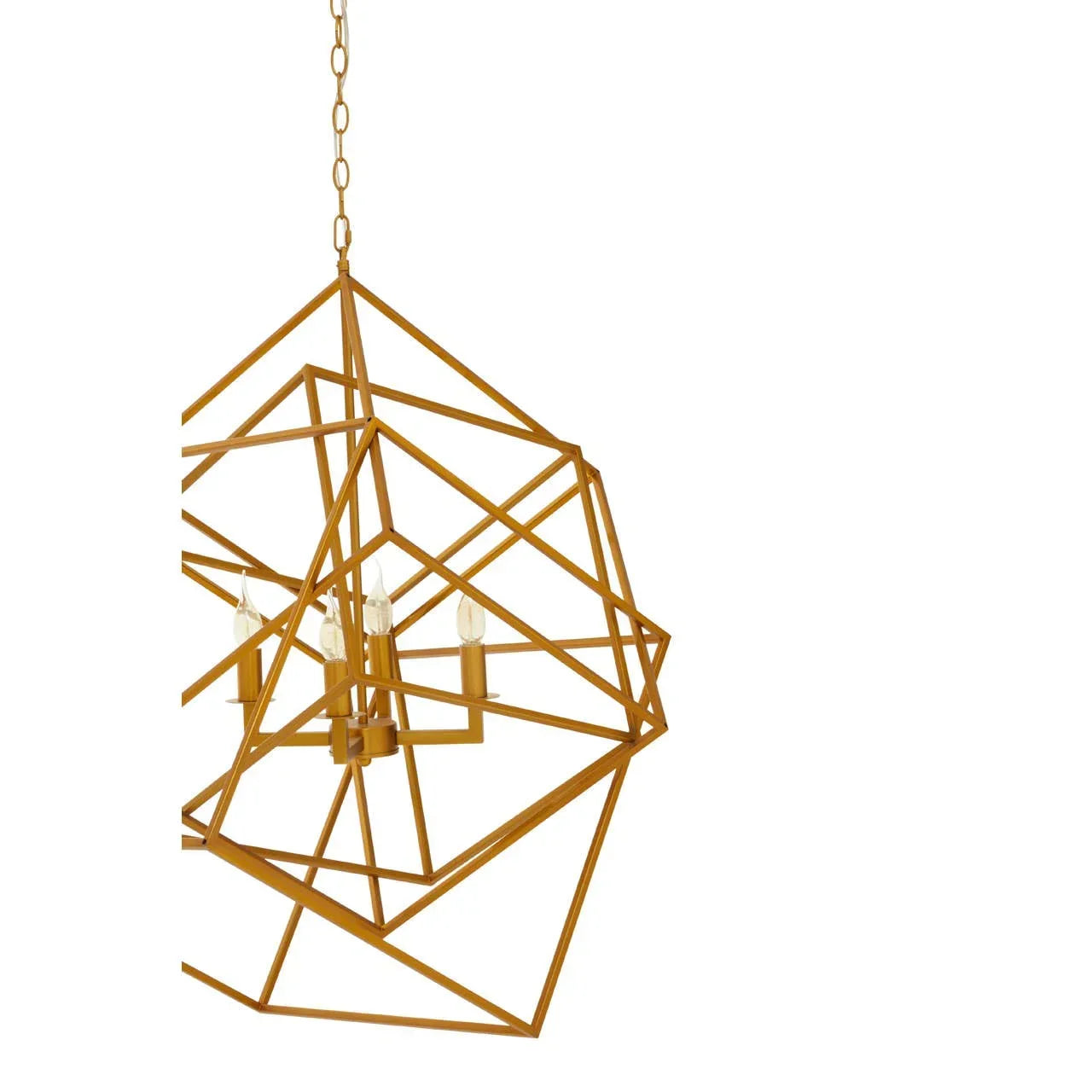 Gold geometric pendant light chandelier with exposed bulbs and chain hanging