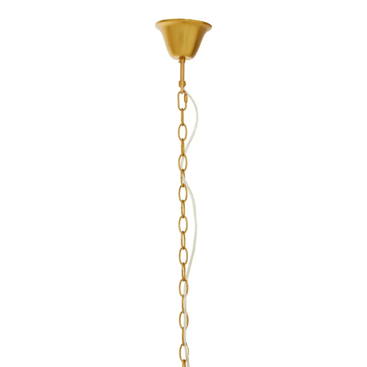Gold ceiling light fitting with chain and electrical cord, close-up view
