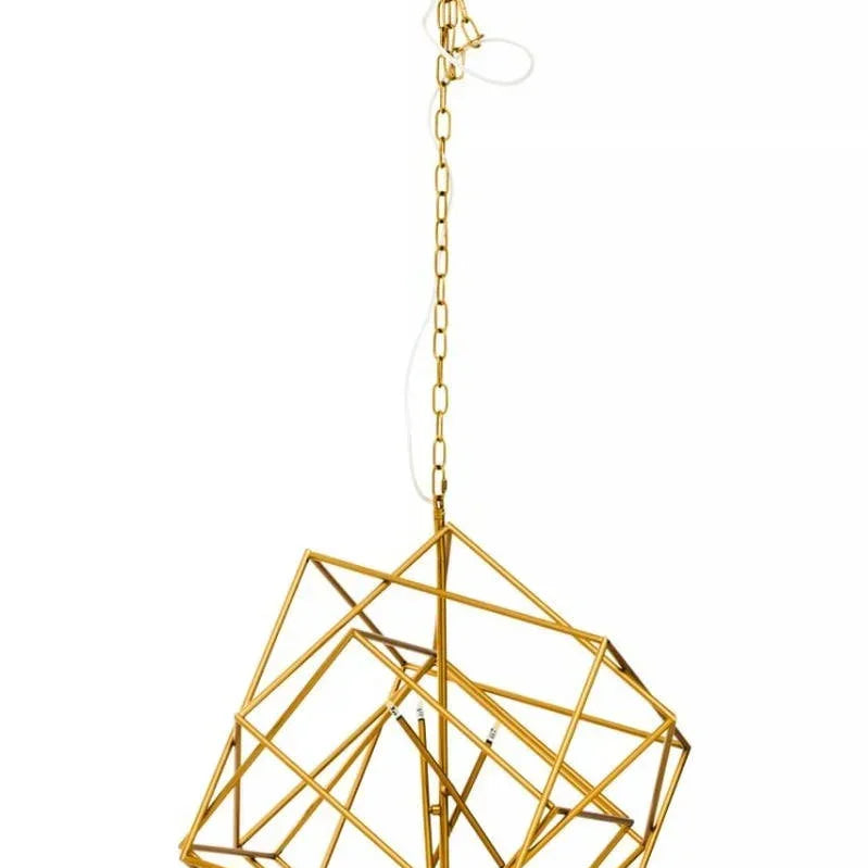 Gold geometric pendant light with chain and open metal frame hanging against white background