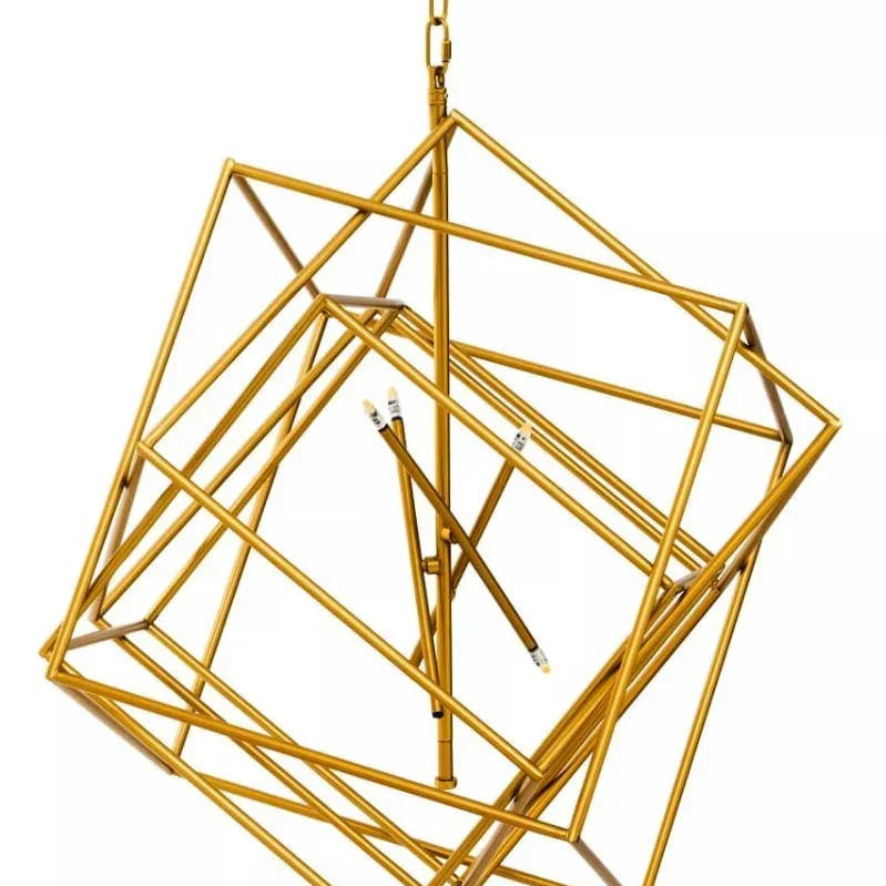 Gold geometric pendant light with intersecting metal cube frames and ceiling chain
