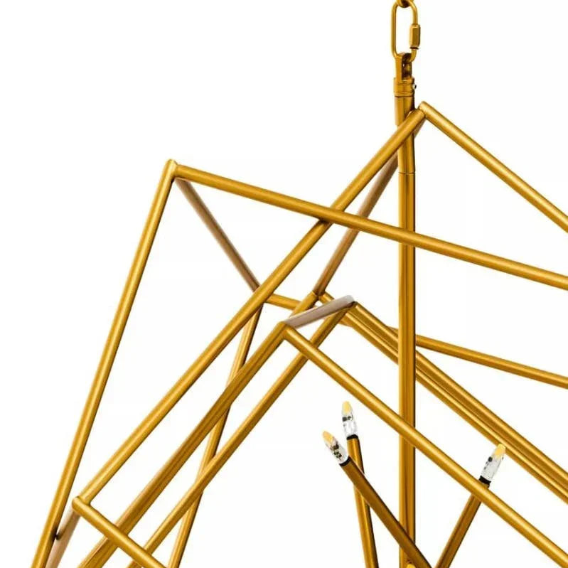 Gold geometric pendant light with metal rods and exposed bulbs against white background