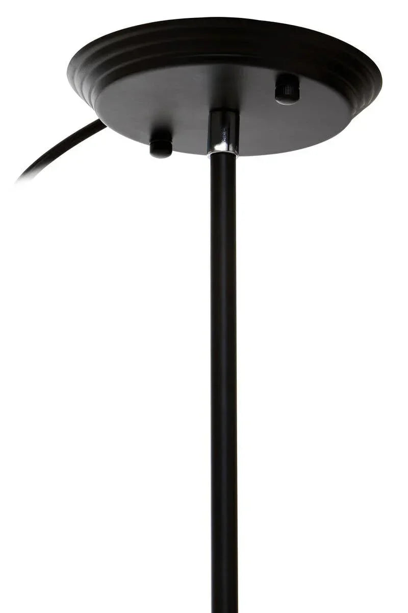 Black metal lamp base with vertical pole and visible cord, close-up upward view