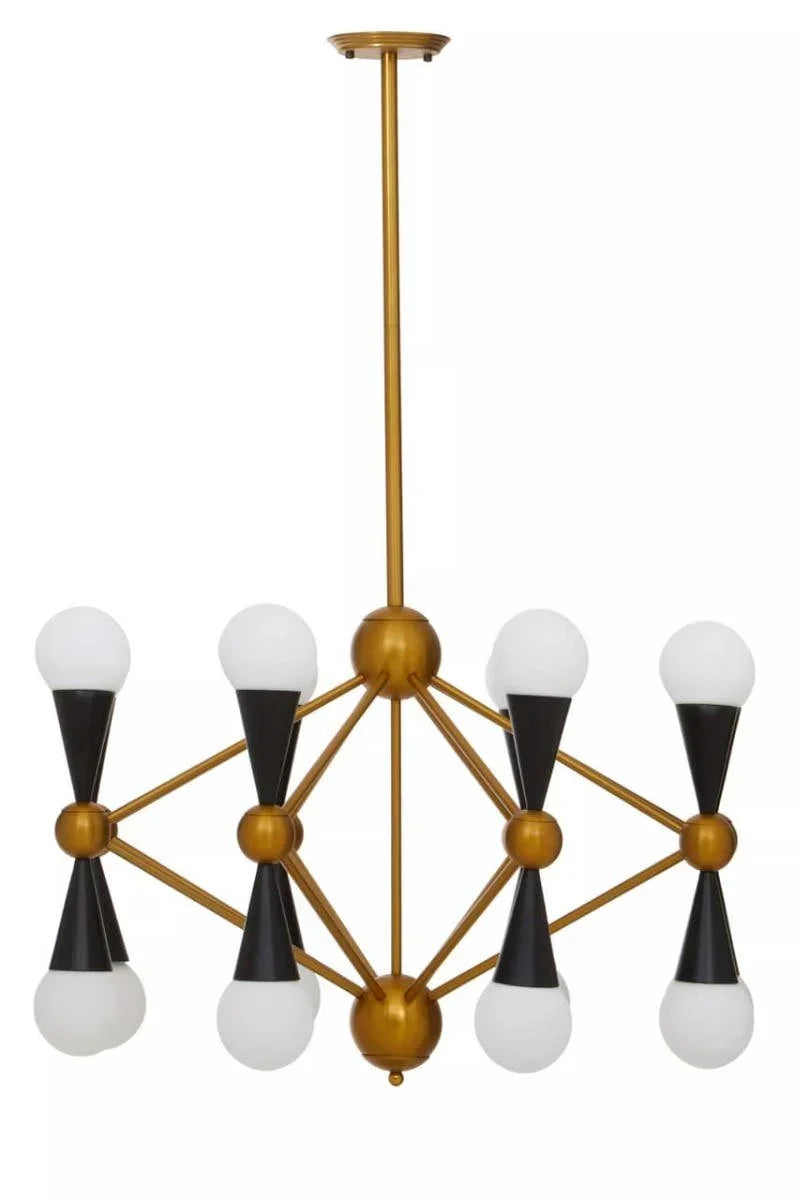 Modern gold and black chandelier with globe bulbs in geometric design