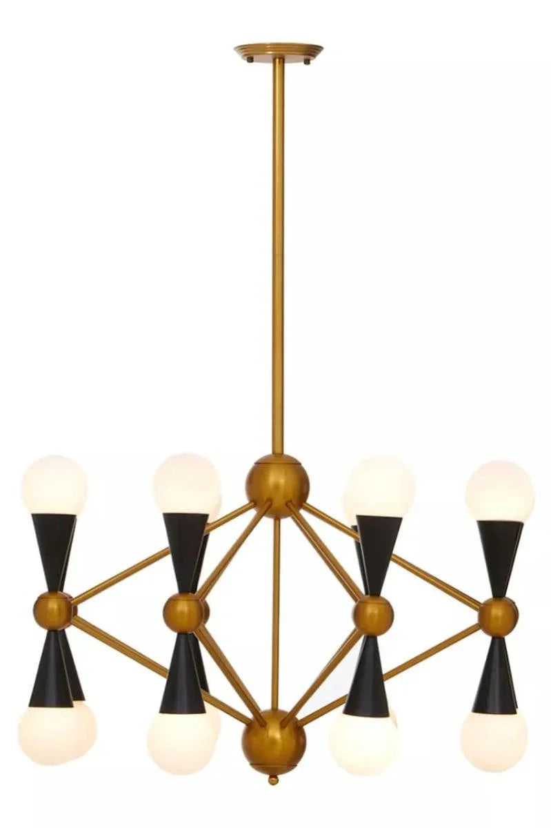 Modern gold and black chandelier with eight globe lights and geometric metal frame