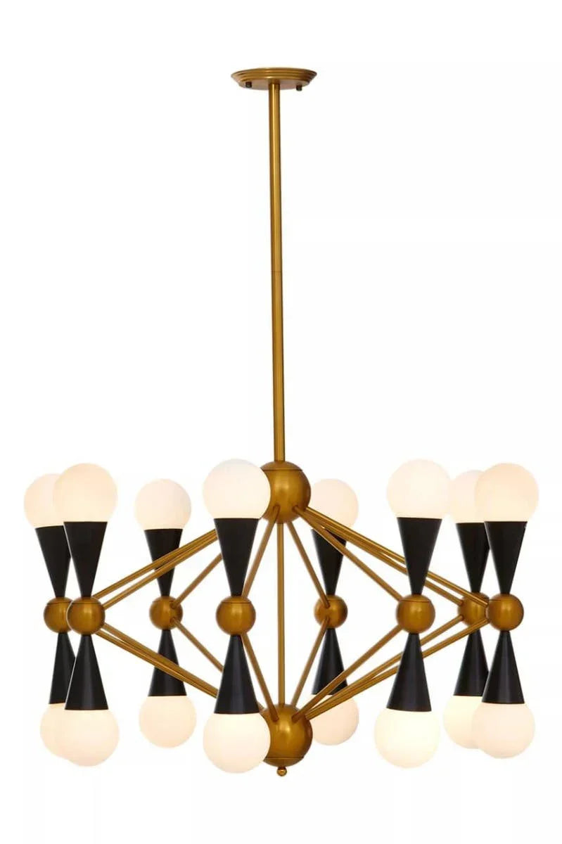 Modern gold and black chandelier with spherical white bulbs, suspended from ceiling mount