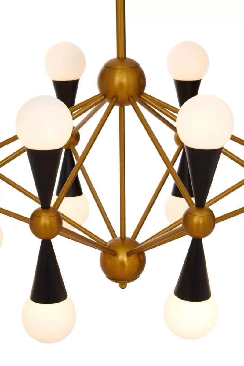 Modern brass chandelier with eight spherical glass light bulbs and black cone accents