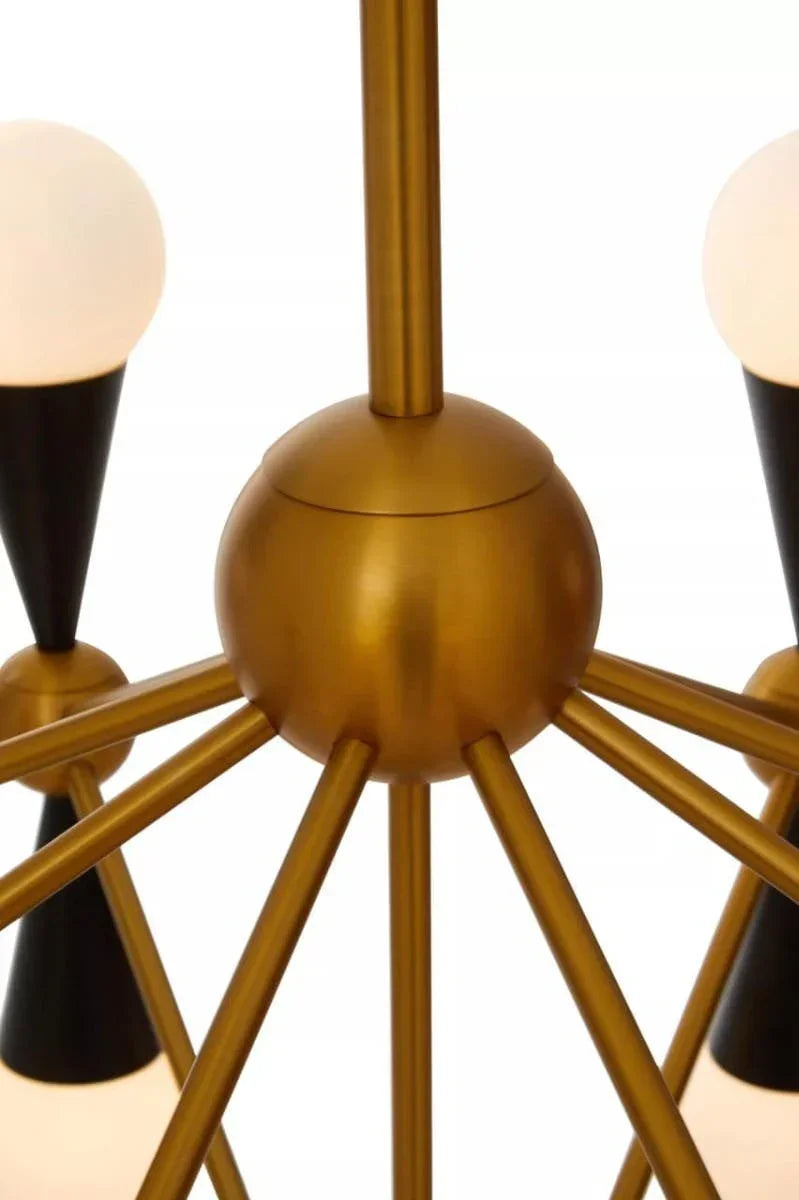 Close-up of modern gold metal chandelier with black accents and round white bulbs