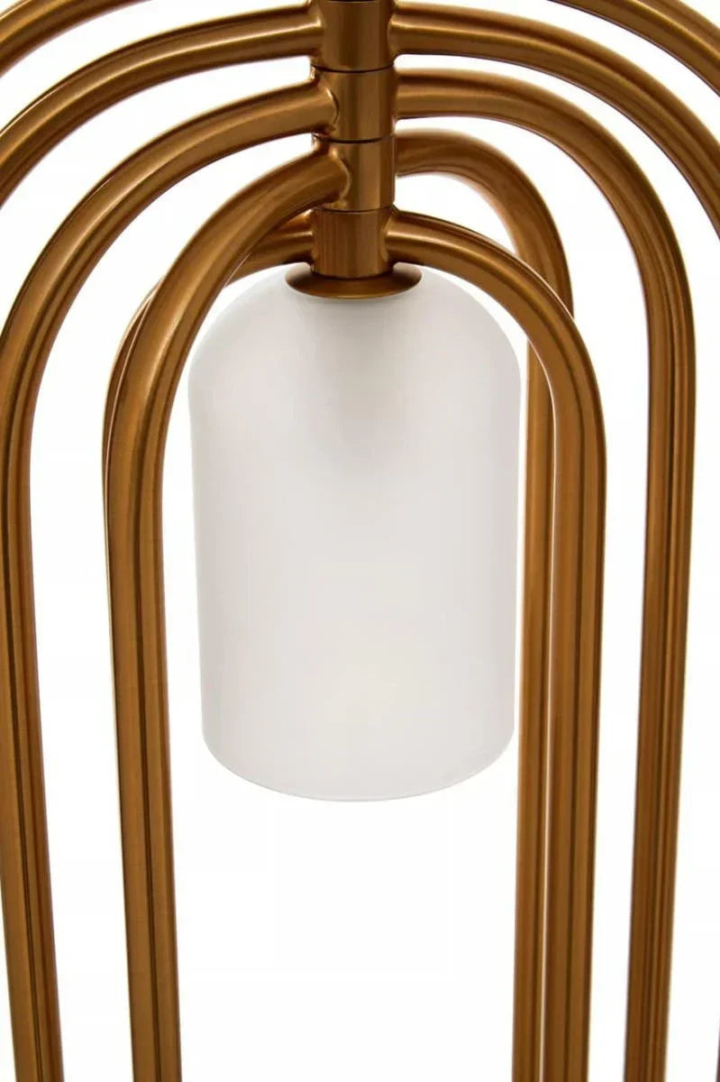 Gold metal frame pendant light with white glass shade, viewed from below