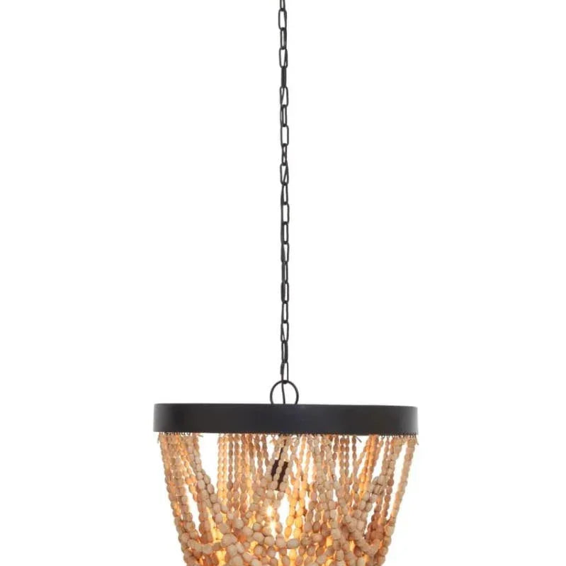 Wood bead chandelier with black metal frame and chain hanging light