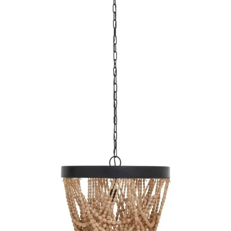 Wood bead chandelier with black metal frame and hanging chain, modern ceiling light