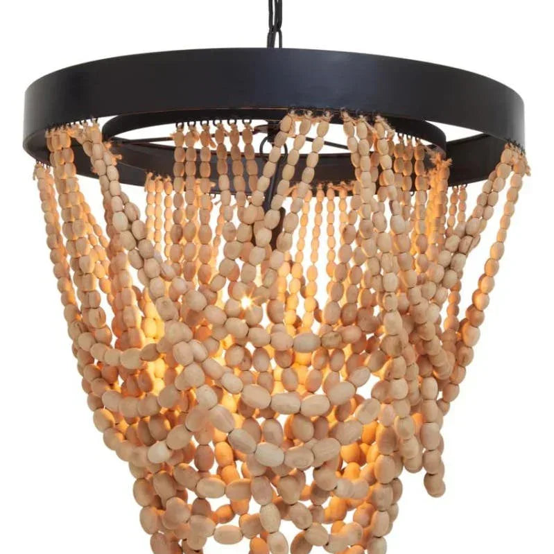 Wood beaded chandelier with black metal frame and draped strands, illuminated softly