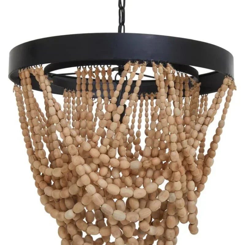 Wood bead chandelier with black metal frame and hanging chain, boho lighting design