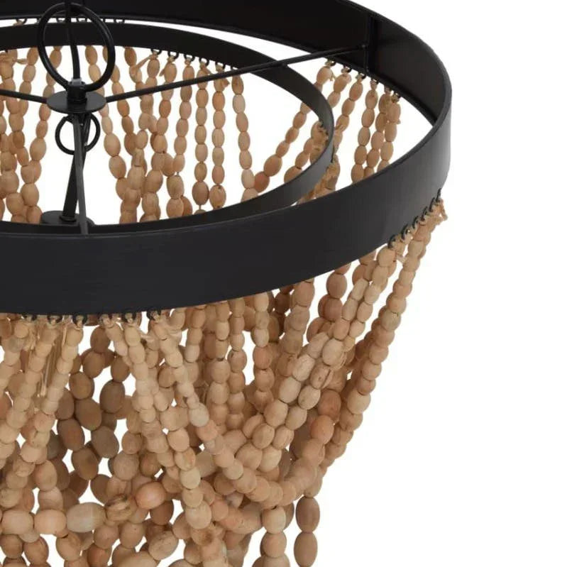 Wood bead chandelier with black metal frame in close-up side view