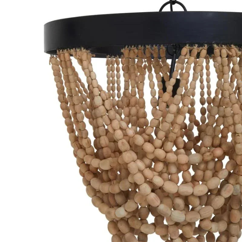 Wood bead chandelier with black frame and hanging natural wooden beads close-up